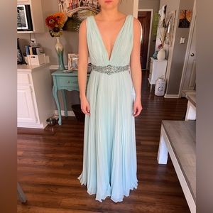 BEAUTIFUL Blue Formal Dress, backless with deep V and rhinestone accents